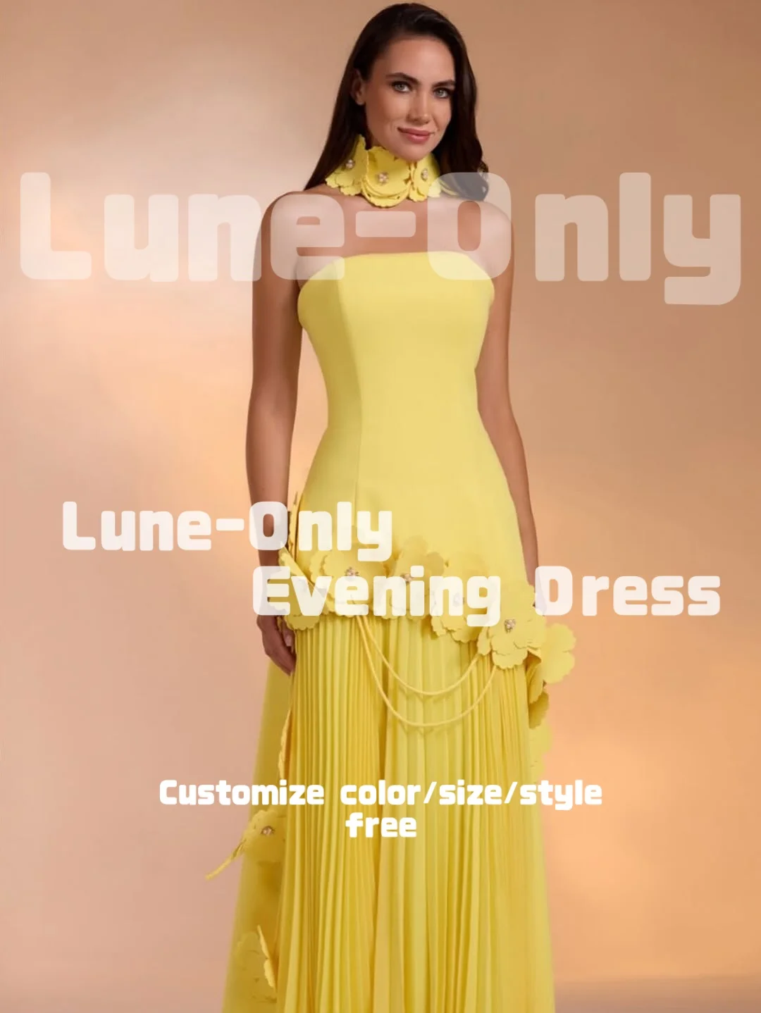カスタマイズされた黄色のストラップレスの花高級女性のイブニングドレスフォーマルな機会のためのプリーツノースリーブウエディングドレスパーティードレス