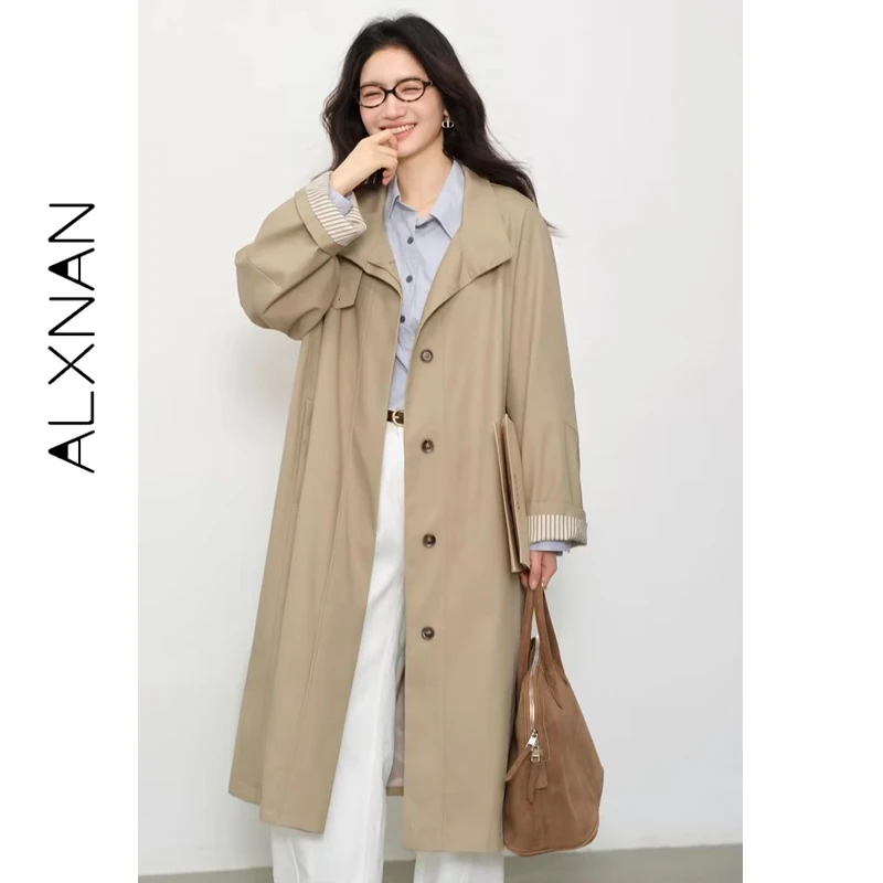 ALXNAN 카키 트렌치 가을 겨울 오버사이즈 싱글 브레스티드 패치워크 미드 길이 코트 방풍 공식 출퇴근용 트렌치 L57538