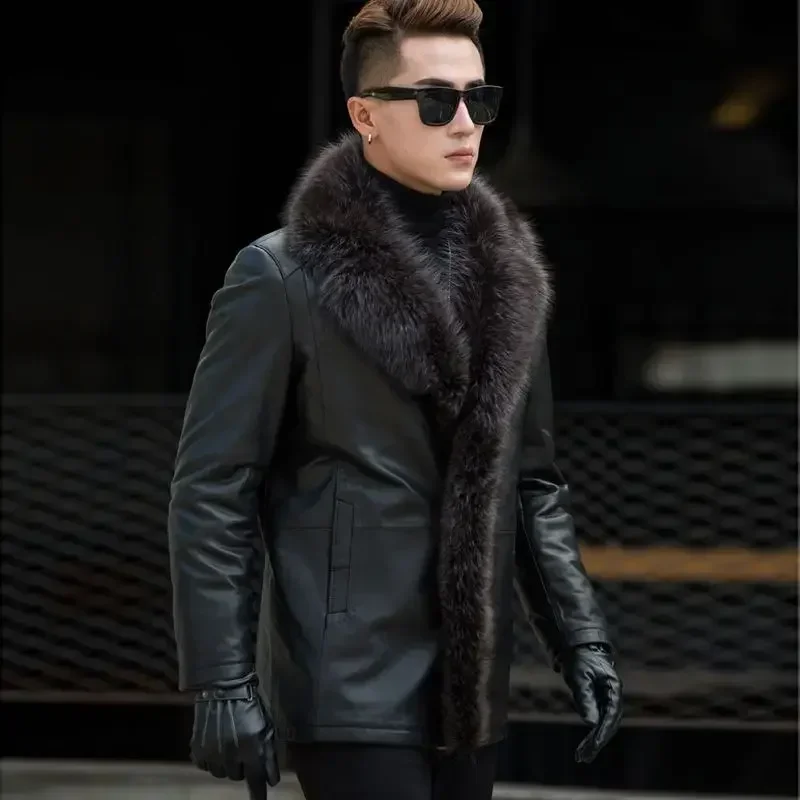 Haining Fur One Man with Wool Thickened Genuine Leather Fur Coat Sheep Skin Raccoon Big Fur Collar Medium Long Men\'s Clothing