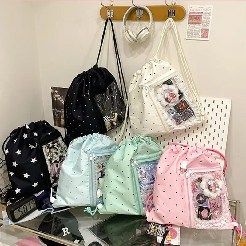 Verbesserter großer Canvas-Rucksack; Transparent, leicht mit Stern-Design und Kordelzug.