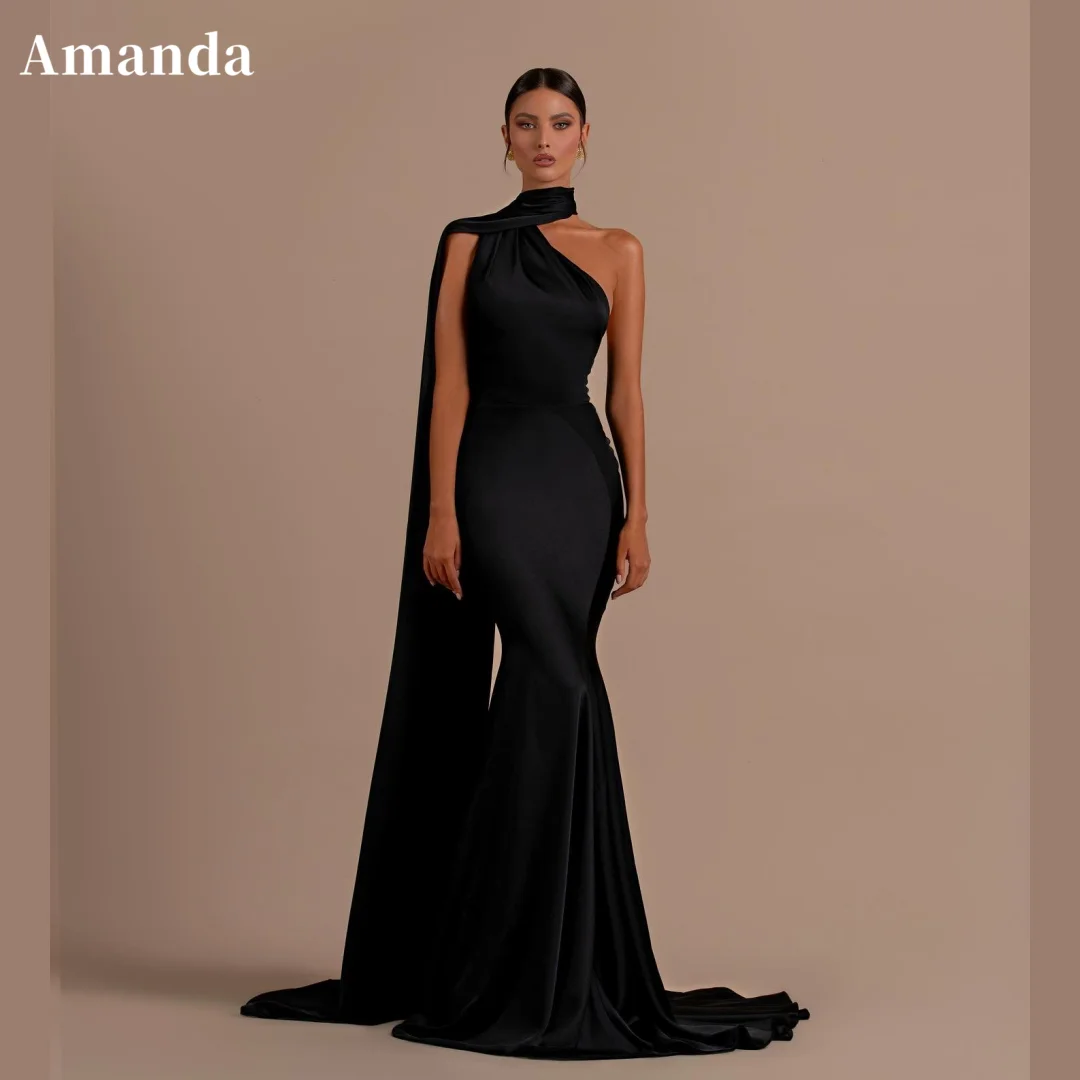 

Amanda Black Mermaid Prom Dresses 2024 One Shoulder Long Shawl Formal Occasion Dresses Sweep Train Elegant Sleeveless Clubbing