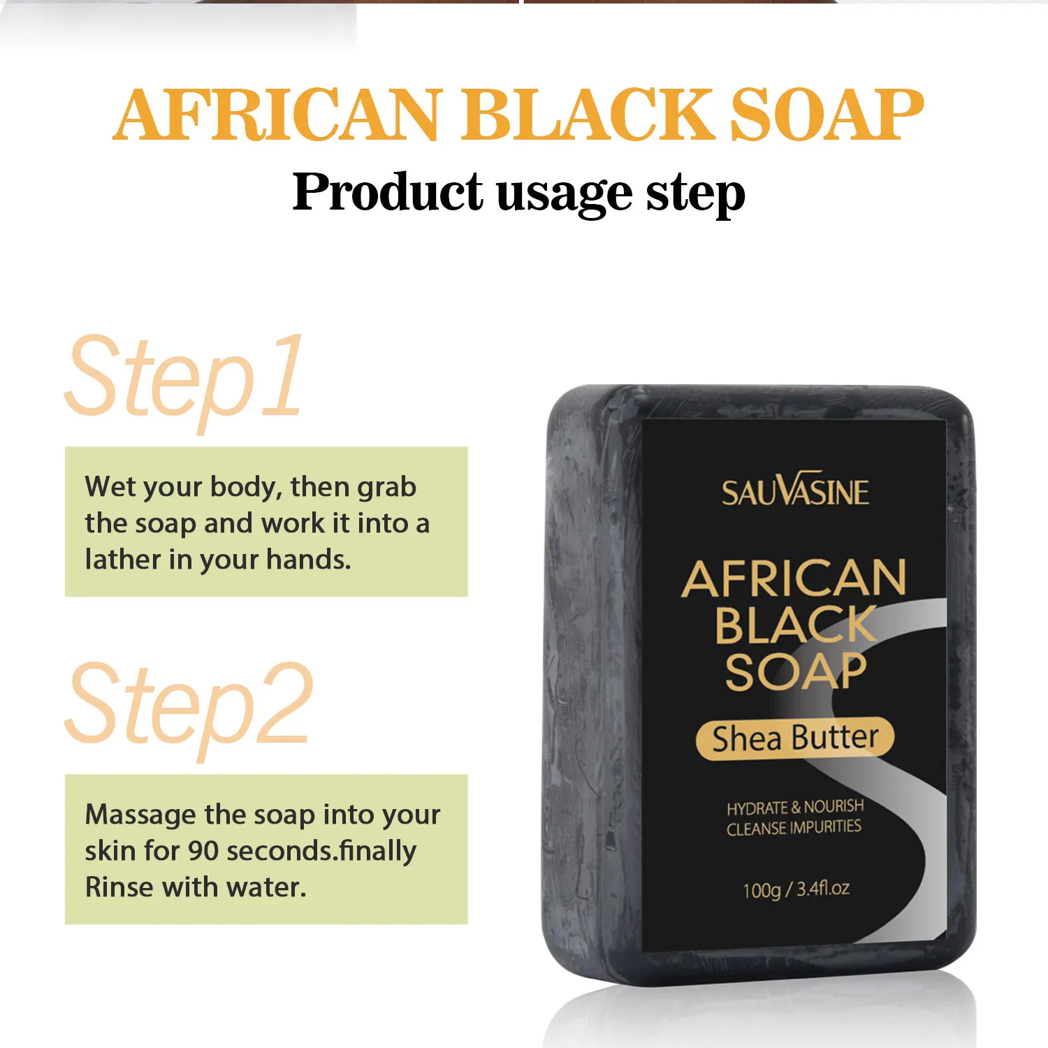 AFRICAN-Black Shea Butter Bar, Tratamento Hidratante para Acne, Limpeza para Cuidados com a Pele, Limpeza Profunda, Brilhante, 100g