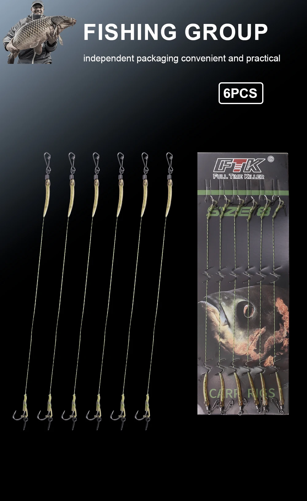 FTK Karpfenangelhaken 6 Stück 2 # 4 # 6 # 8 Vorgefertigte Hakenketten-Terminal-Rigs Angelhaken in Verschiedenen Größen Karpfenangel-Zubehör Pesca – Detail 1