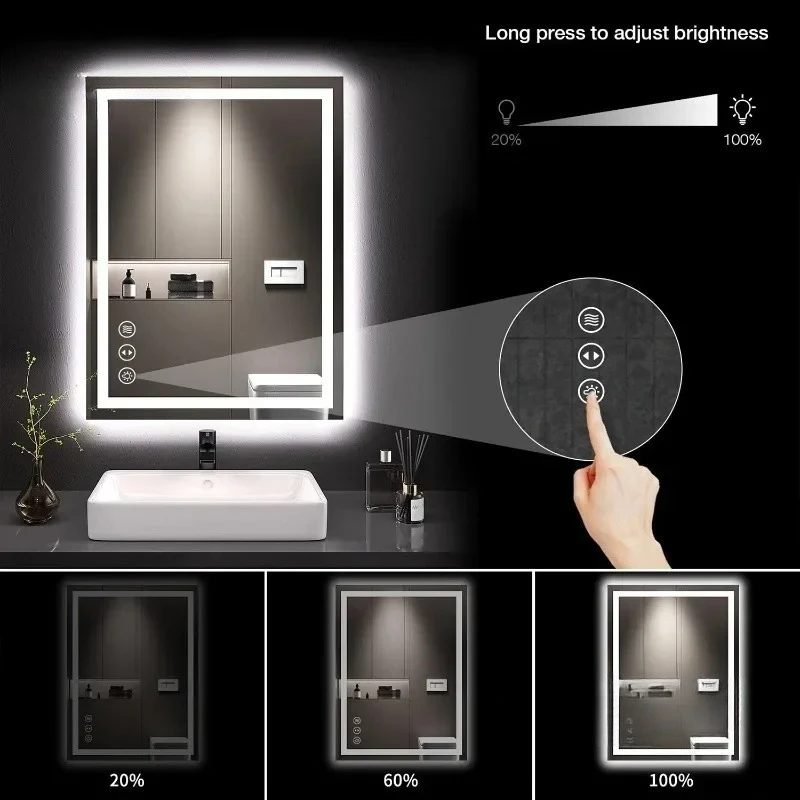Smart Square Bathroom Mirror with LED Light Touch Screen Toilet Mirrors Wall-mounted Defogging LED Bathroom Makeup Mirror h