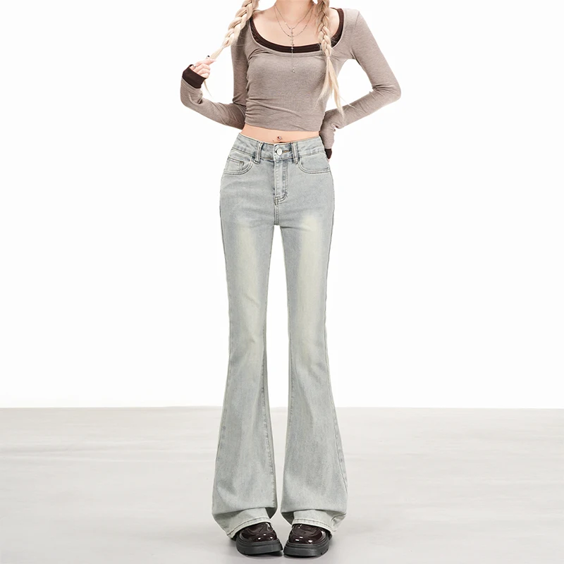 بنطلون Y2K Vintage Light Wash Flare للسيدات بقصة ضيقة من قماش الدنيم القابل للتمدد، عصري لطيف وأنيق