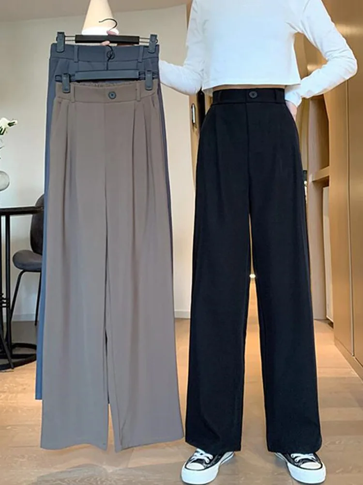 المرأة واسعة الساق السراويل ، فضفاضة ، عالية الخصر ، Trousers غير رسمية ، الصلبة مكتب مستقيم السراويل ، النمط الكوري ، الربيع ، الخريف