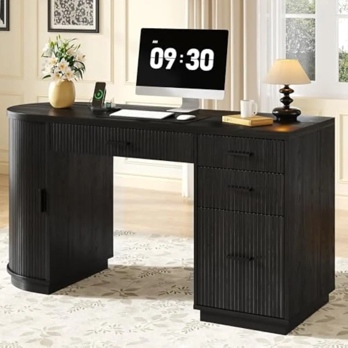 58 Inch Modern Executive Desk with Fluted Cabinet Sliding Door File Storage Charging Station 3 Outlets USB Type C Engineered Woo