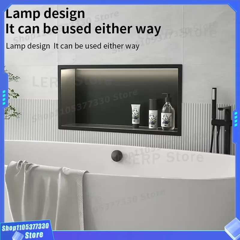 Matte Black Stainless Steel Shower Niche Dual Self Adhesive No Tile Required Recessed Bathroom Shelf with LED Light