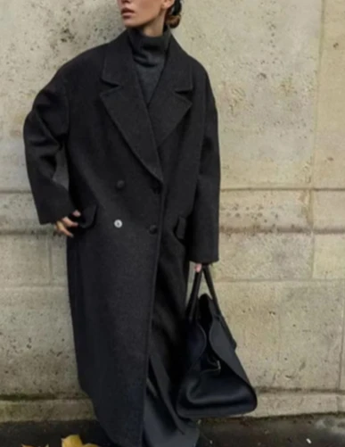 เสื้อโค้ทกันหนาวสำหรับผู้หญิง แบบเรียบ ปกเสื้อแบบปกเชิ้ต ติดกระดุมสองแถว เสื้อคลุมตัวยาว มีกระเป๋า สไตล์สตรีทแวร์ สำหรับผู้หญิง รุ่นใหม่ เสื้อคลุมตัวนอก