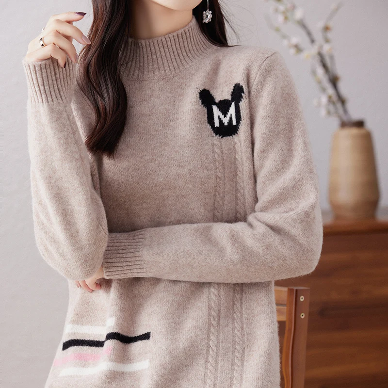 BELIARST 100% Merino Wool Sweater Women's Half High Neck Thickened Kitten M Knitting Pullover Loose Color Blocking Stripe M-8135