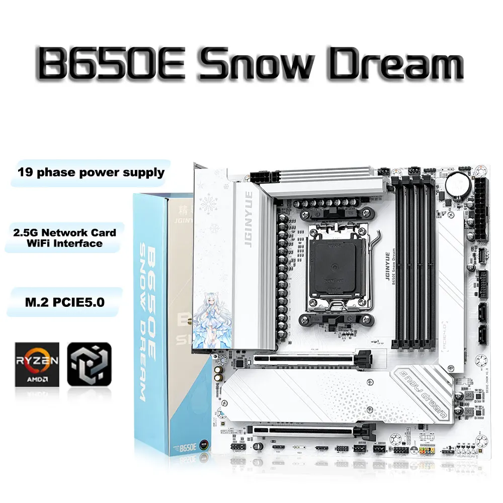 JGINYUE B650E Snow Dream AM5 MATX Motherboard WIFI6E Computer Gaming 4 *DDR5 CPU 9700X/9800X3D/7800X3D PCIe 5.0