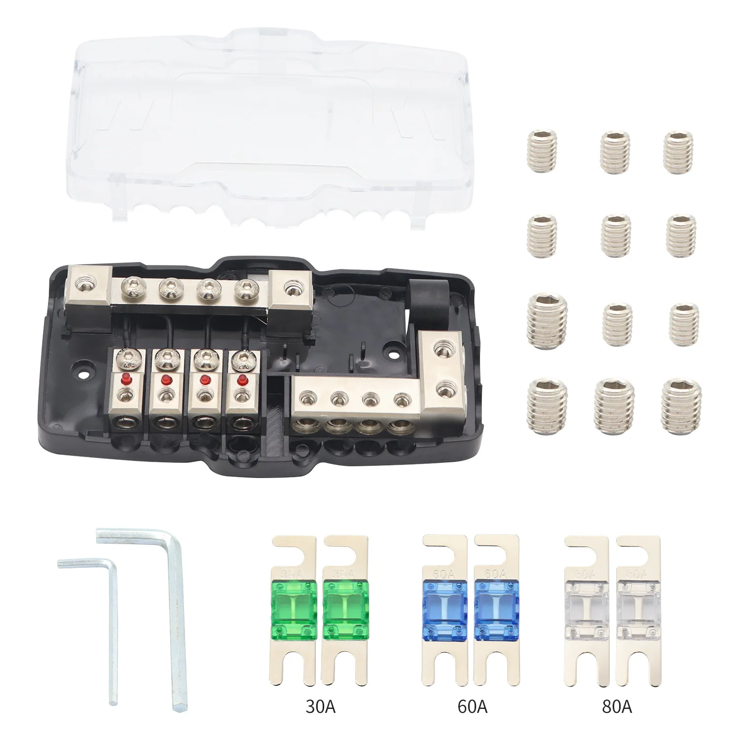 One-in multiple-out fuse holder with LED indicator light, with negative terminal block, with fuse set