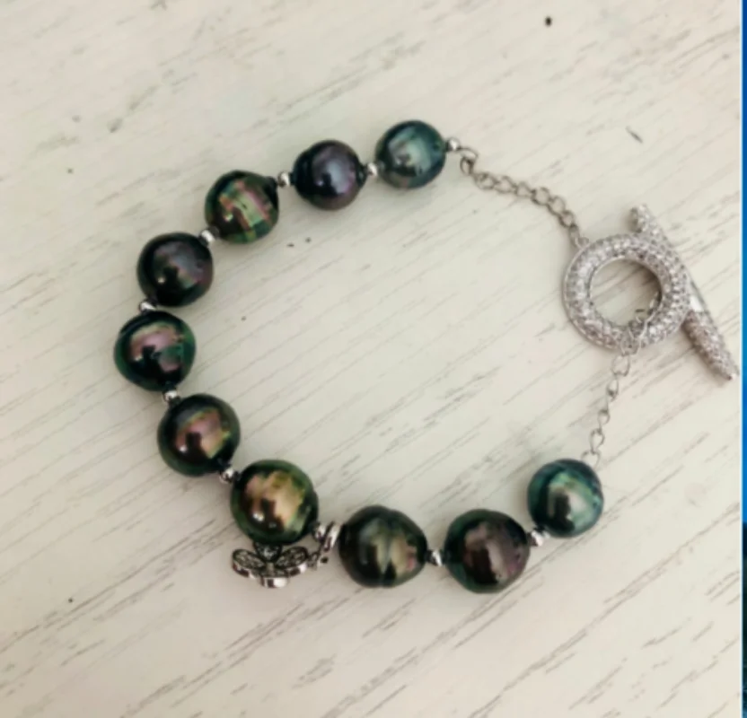 

stunning 10-11mm tahitian baroque black green pearl bracelet 7.5-8"