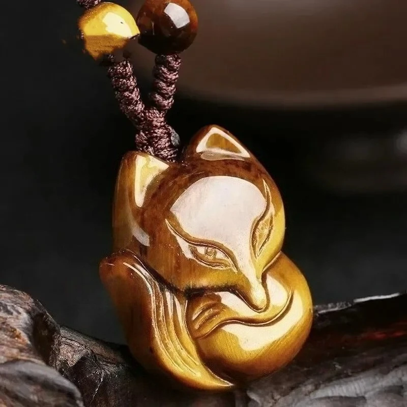 

Natural Yellow Tiger Eye Stone Jade Fox Head Pendant Necklace Fashion Charm Jewelry Amulet Luck Gifts Women Men Sweater Chain