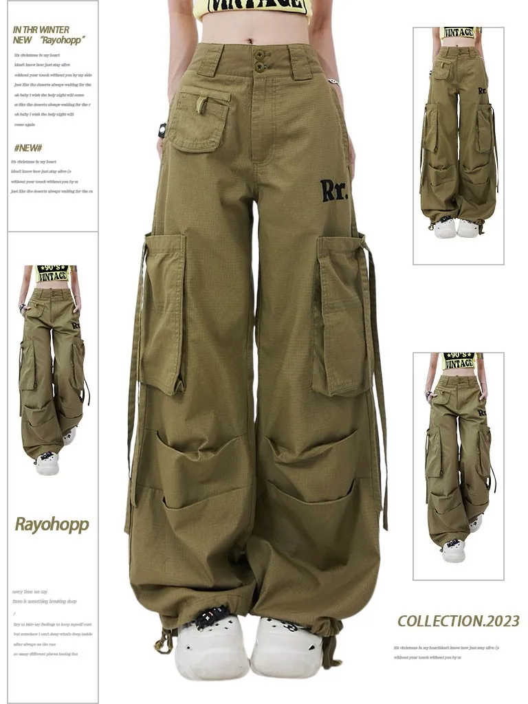 Dophee Green Cargo Pants Women New Summer American Street Big Pocket All-match Casual Wide Leg Trousers Spice Girls Dance Pants