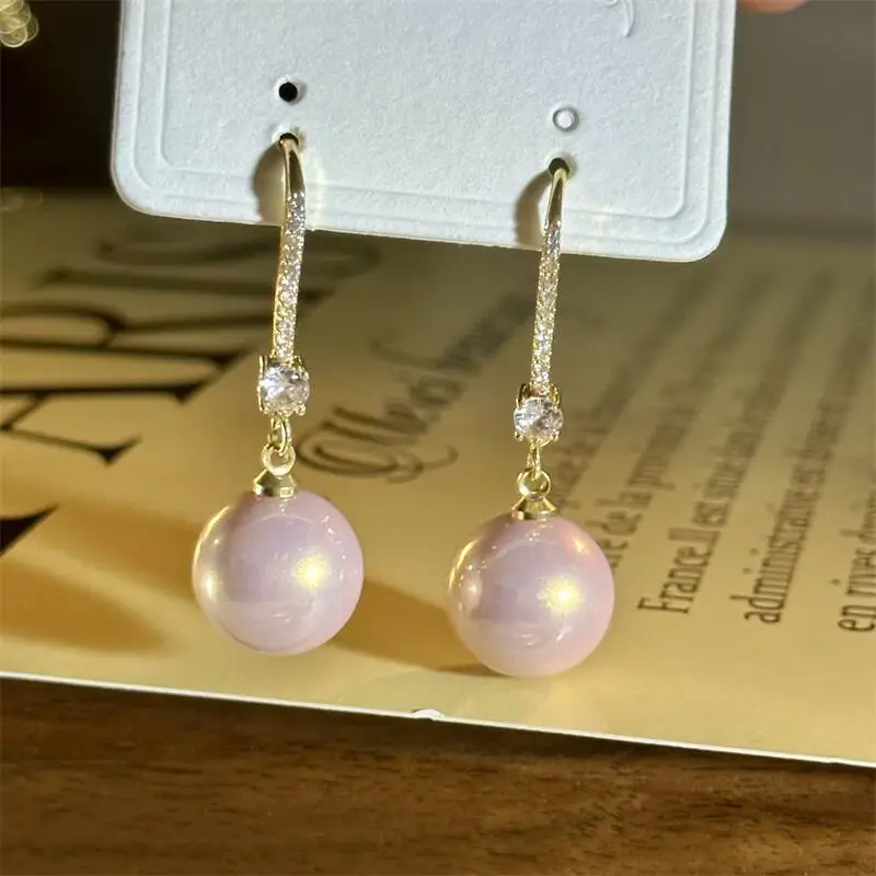 High-grade Korean fashion pearl earrings femininity trend zircon earrings simple light luxury pink hook earrings