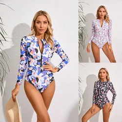 One Piece Swimsuit Women 2024 Rash Guard Long Sleeve Modest Zip Front Printed Full Coverage High Neck Surfing Bathing Suit
