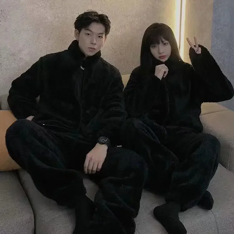 2026 Winter Fleece Warm Man Pajamas Round Neck Cardigan 2 Piece Outfit Set Mans Fashion Solid Color Pajama Sets for Man