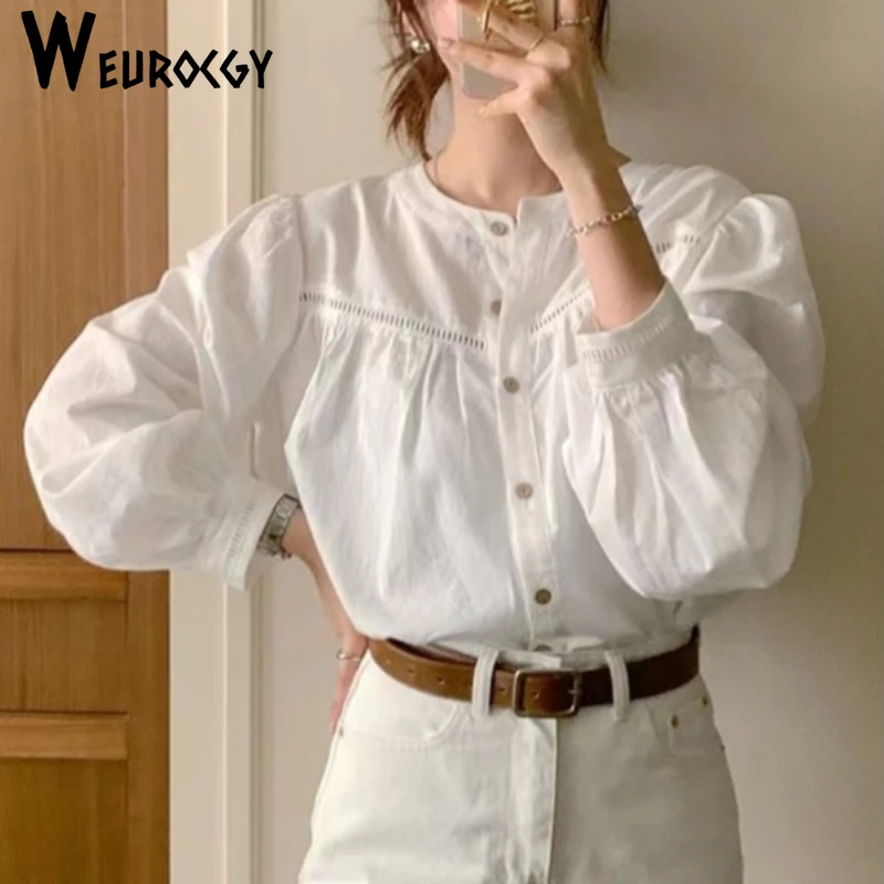 2024 Spring Autumn Vintage Chic Blouse Women O-neck Puff Sleeve Loose Shirts Temperament Hollow Out Top Korean Edition Pleated