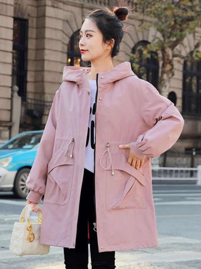 Pink Trench Coat For Women Spring And Autumn Medium Long Korean Version Loose Fit Large Size Hooded Windbreaker W187