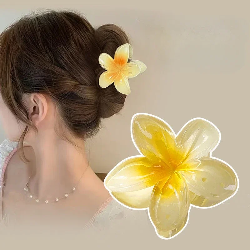 Hawaiian Flower Crab Hair Clips for Women Plumeria Barrettes Large Hair Claw for Thin/Thick Beach Hair Accessories for Girls 8cm