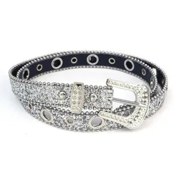 Y2K Women's Fashion Full Rhinestone Studded PU Leather Belt Adjustable Glitter Crystal Waistband Solid Print for Club Party