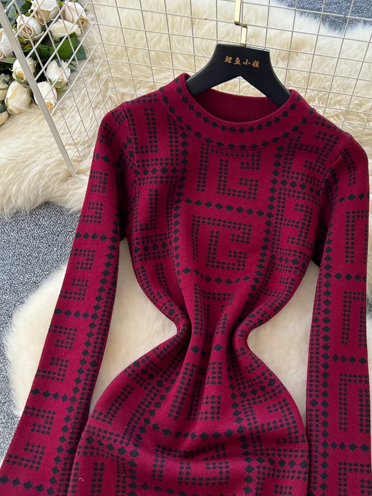 Faionable Geometric Print Knitted Dr Women's High Waist Slim Fit Long Sve Summer Ci Commute A-Line Dr