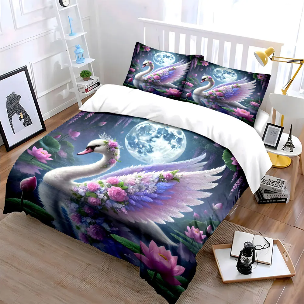Elegant swan under dreamy moonlight Printed Duvet Cover Set1 Duvet Cover+2 PillowcaseMulti Size Bedroom Bedding Decor