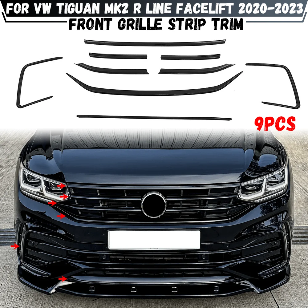

For Volkswagen VW Tiguan MK2 R Line Facelift 2020-2023 Front Grille Stickers Trim Fog Light Black Moulding Strips Cover