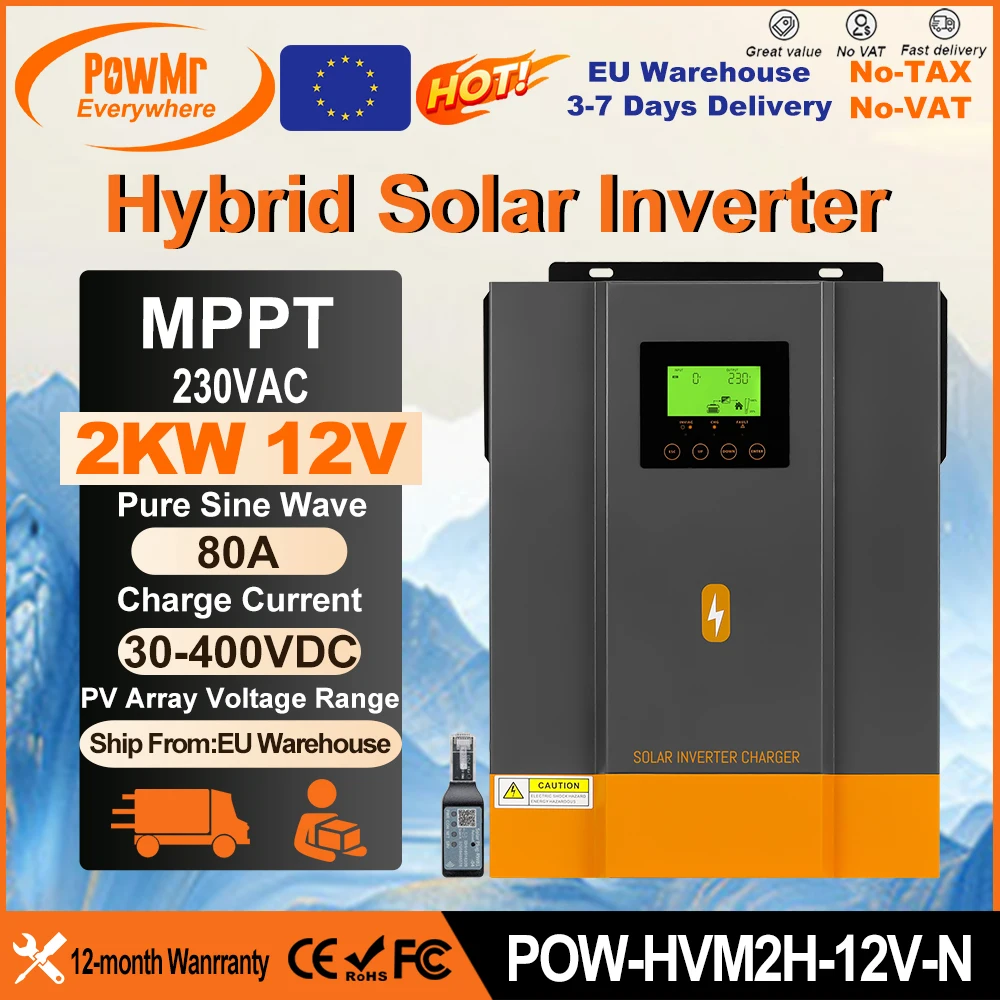 PowMr EU 2KW Hybrid Solar Inverters 12V 220V Pure Sine Wave With Charging Battery 80A MPPT Solar Charge Controller Max PV 400VDC