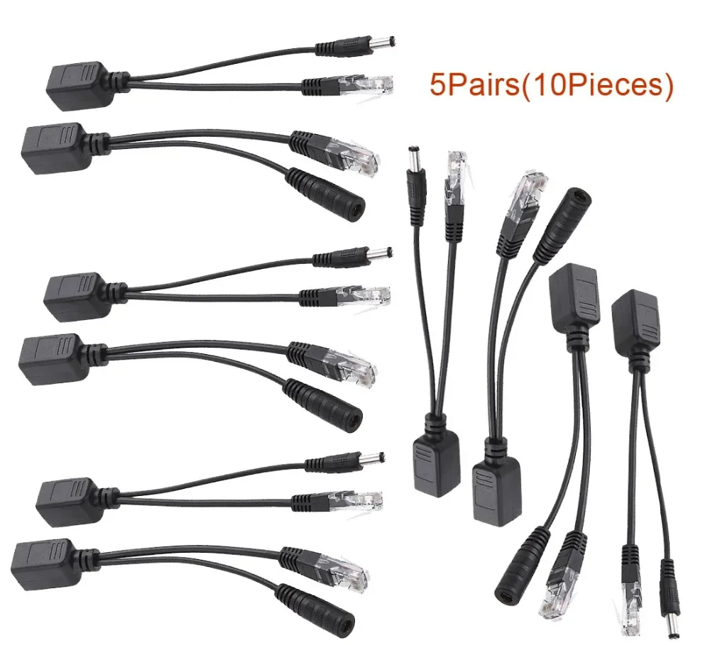10pcs(5pair) POE Splitter POE Switch POE Cable adapter Tape Screened 5V 12V 24V 48V Power Supply Cable 5.5*2.1mm