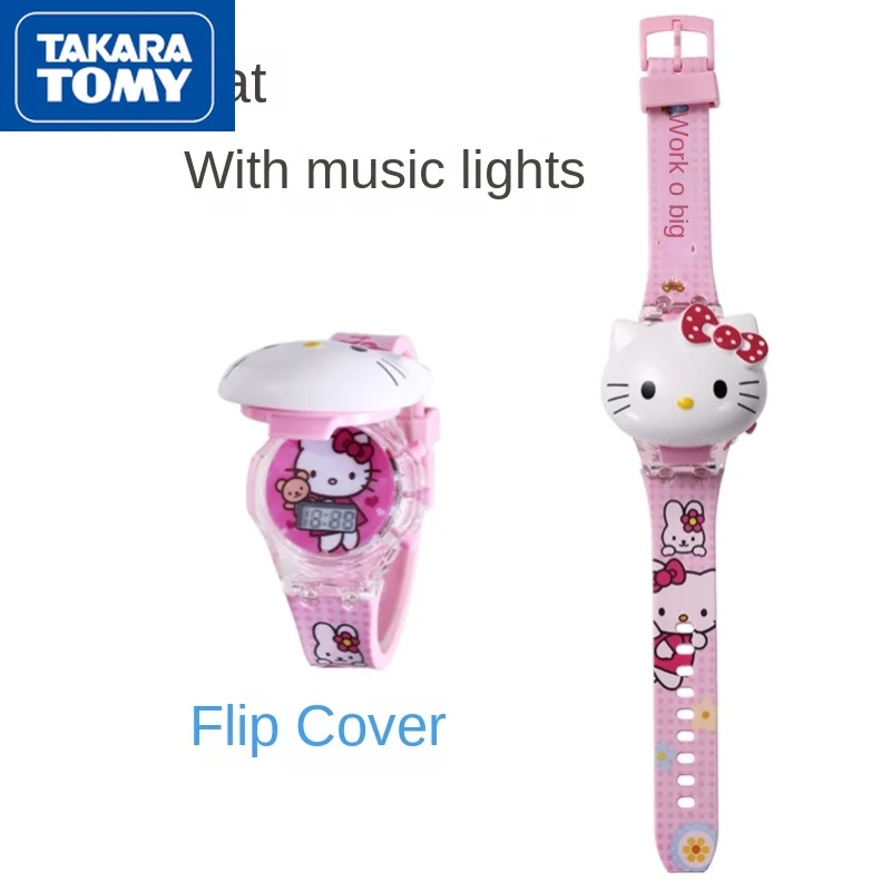 TAKARA TOMY Cartoon Cute Hello Kitty Children's Watch Children's Toys Music Flashing Light Flip Portable Electronic Watch