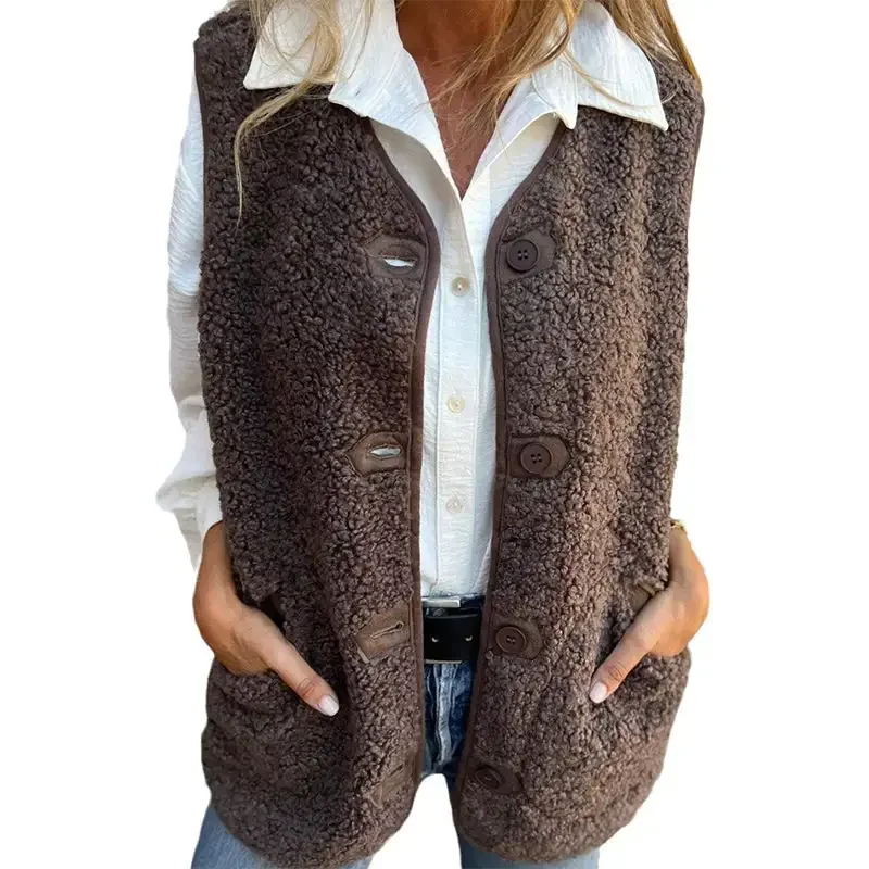 Womens Fuzzy Fleece Vest Cashmere Jacket Fall Winter Casual Warm Button Down Vest Jacket with Pockets