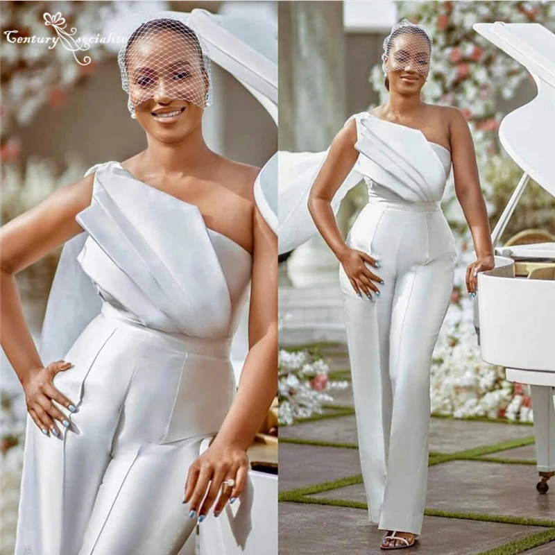 African White Jumpsuits Wedding Dresses One-Shoulder Satin Bride Reception Jumpsuit Women Pant Suits Customized