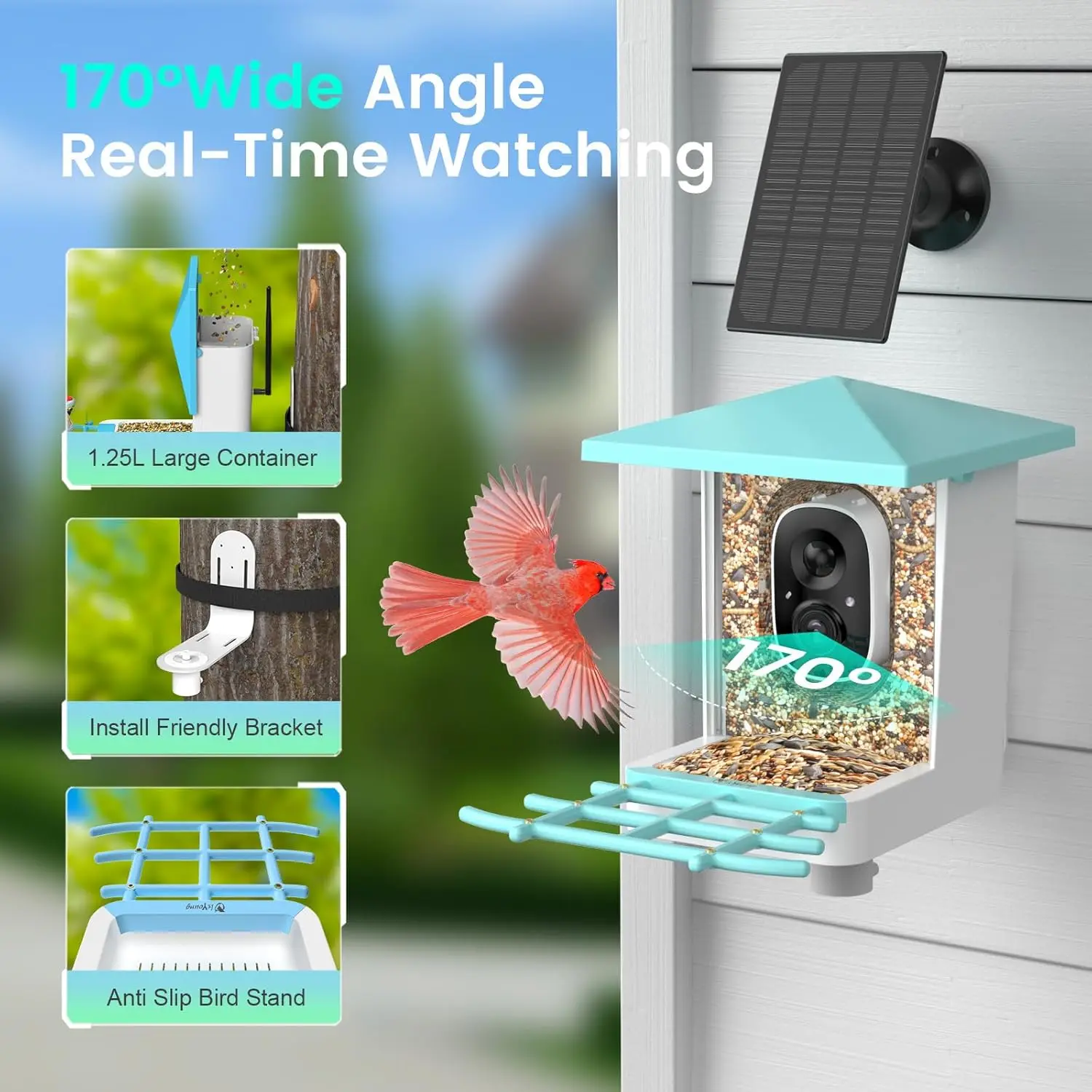 AI Bird Feeder with Camera, Identifies 16,000+ Species, Solar Powered, Wide View Motion Detection - Perfect Gift