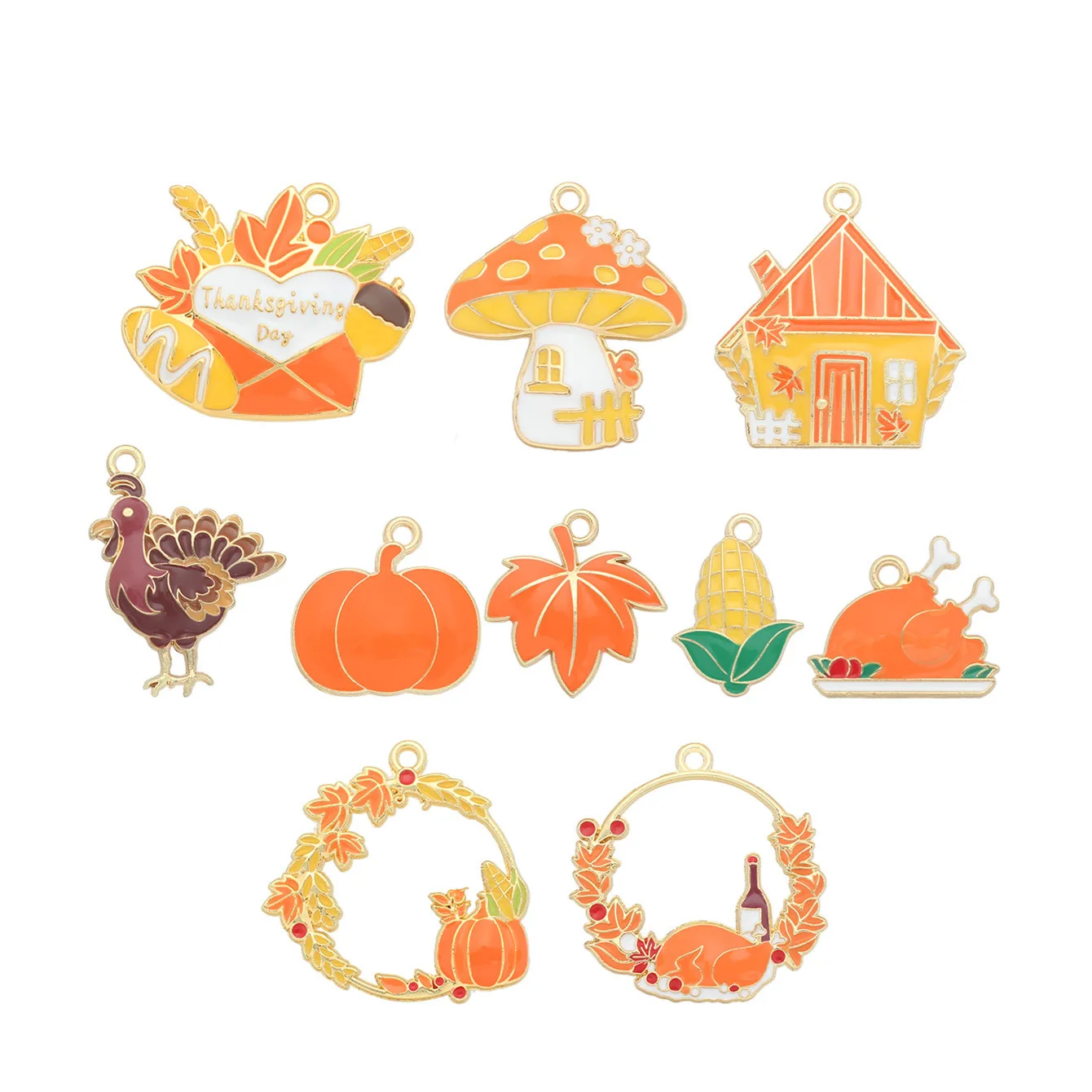 10pcs/Lot Thanksgiving Turkey Pumpkin Mushroom House Oil Enamel DIY Charms for Bag Necklace Jewelry Making Handmade Pendant