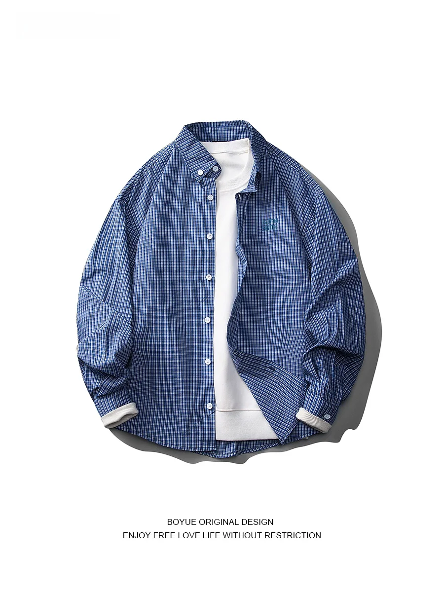 

Boyue Retro Japanese Sle Plaid Embroidered Letter Men's Casual irt Loose Fit Autumn Trendy Outerwear Long Sve Button up