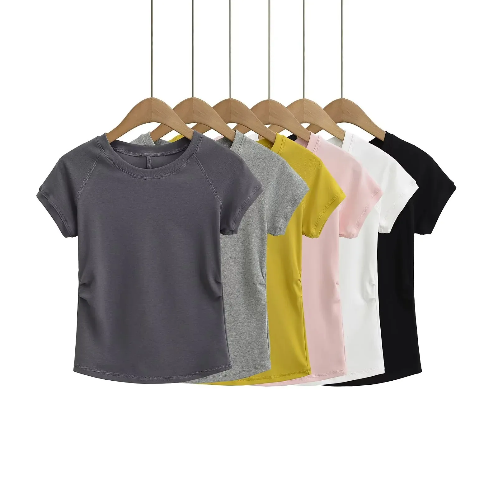 American-style three-needle five-thread short-sleeve T-shirt for women summer slim-fit raglan sleeve base shirt short top   QIYD