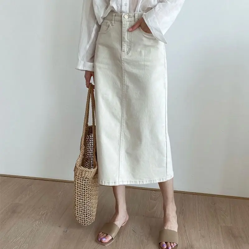 

Solid Denim Long Skirts for Women Vintage Casual High Waist Slit A Line Skirts Summer 2025 New Fashion Simple Y2k Skirt