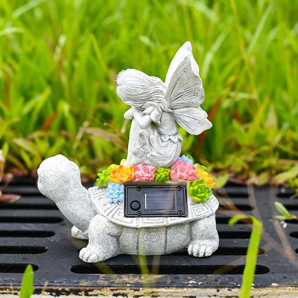 Solar Turtle Statue with Solar Light Flower Fairy Angel Lawn Decor Garden Resin Ornament Outdoor Statue Succulent Gifts for Mom