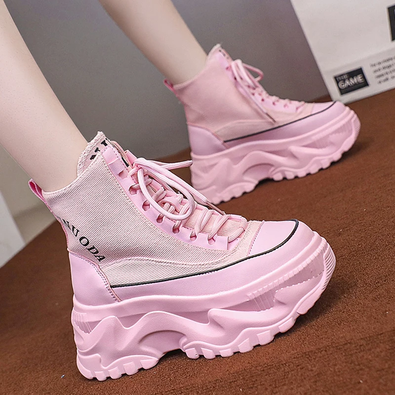 Fashion Pink Chunky Platform Motorcycle Boots Women Thick Bottom Lace Up Ankle Botas Mujer Autumn Winter 2023 Vulcanized Shoes