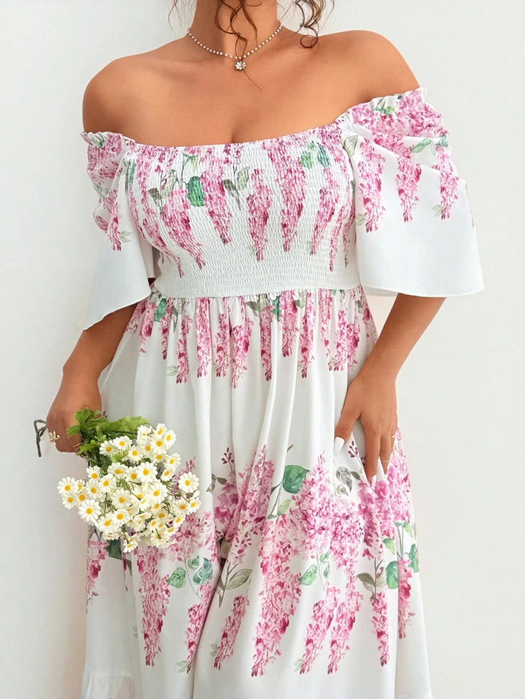 

Плюс размер дамы романтические девушки летние романтические цветочные платья с рюшами на талии и короткими рукавами