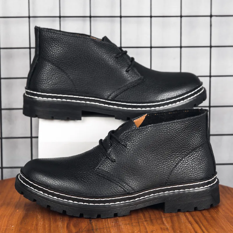 

Men's Boots Autumn Winter Leather Fleece Lined Mid-Calf Trendy Work Boots British Style Short Boots Fashionable Men's ...