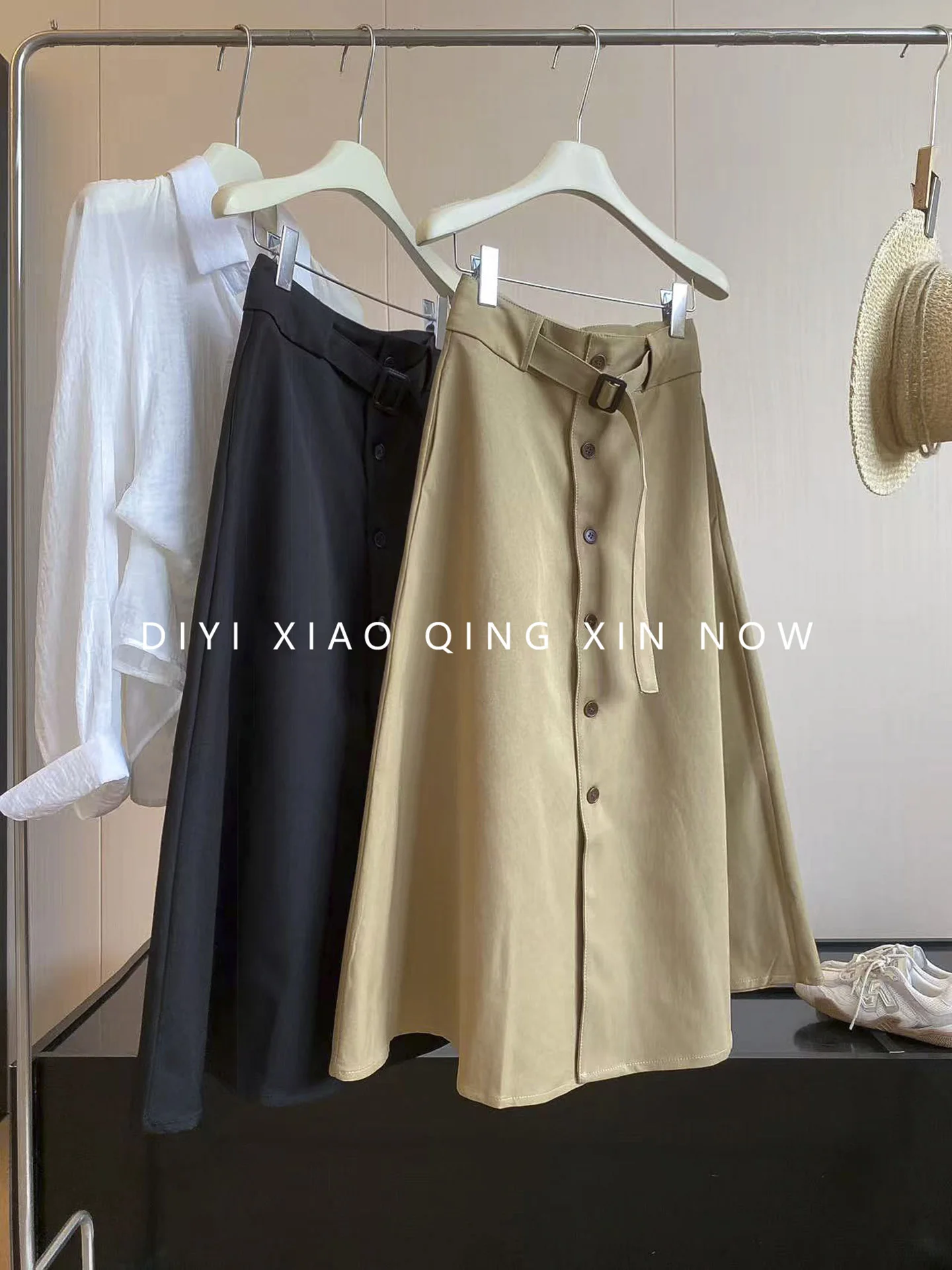 DIYI Khaki Color Button Women's  Skirt High Waist A-Line Autumn New Style Luxury Light Weight Ladies Polyester Fiber