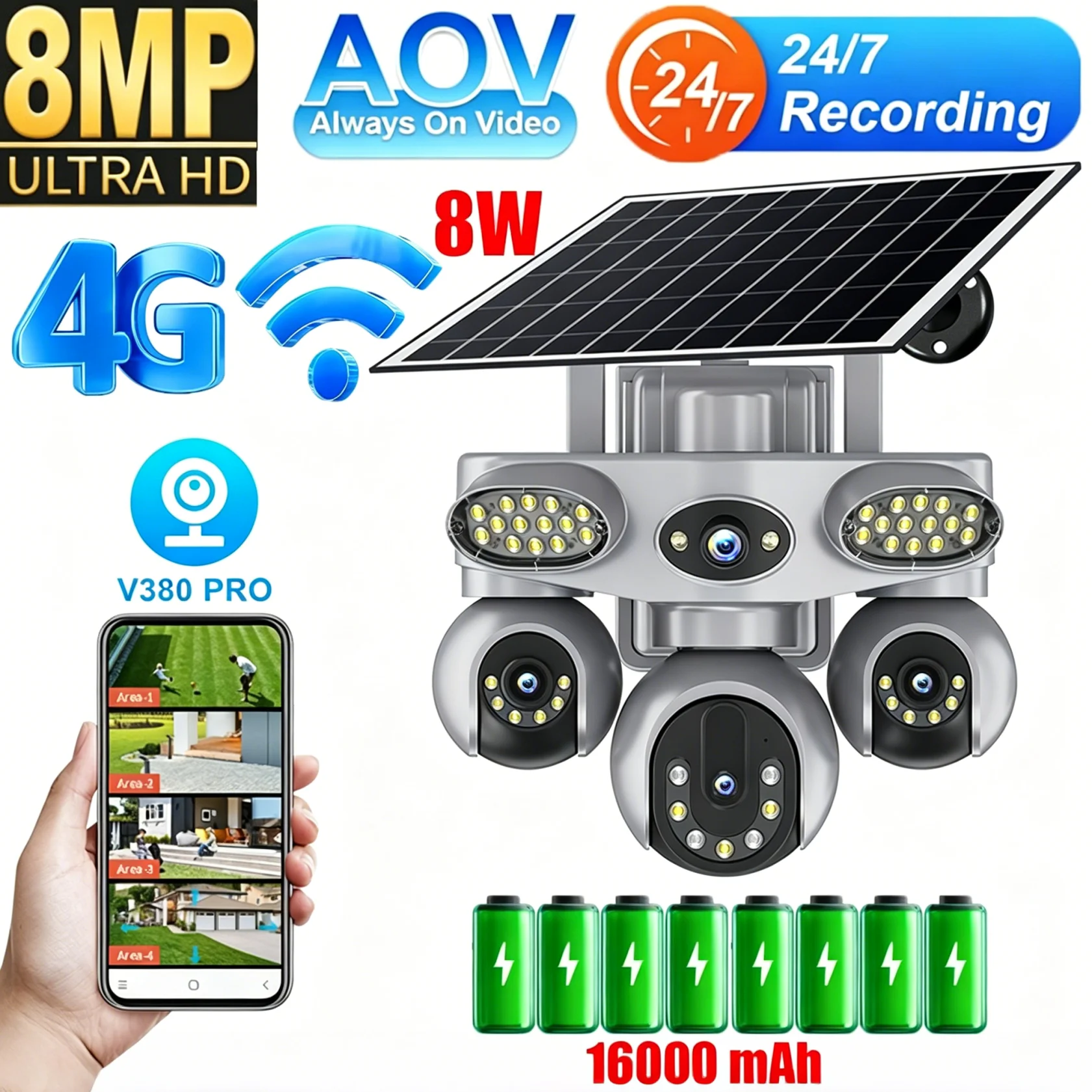 4G WiFi Solar Camera 3 Lens 4 Screen 8MP AOV Low Power Battery IP Camera LED PIR Night Vision V380 Pro CCTV Security Protection