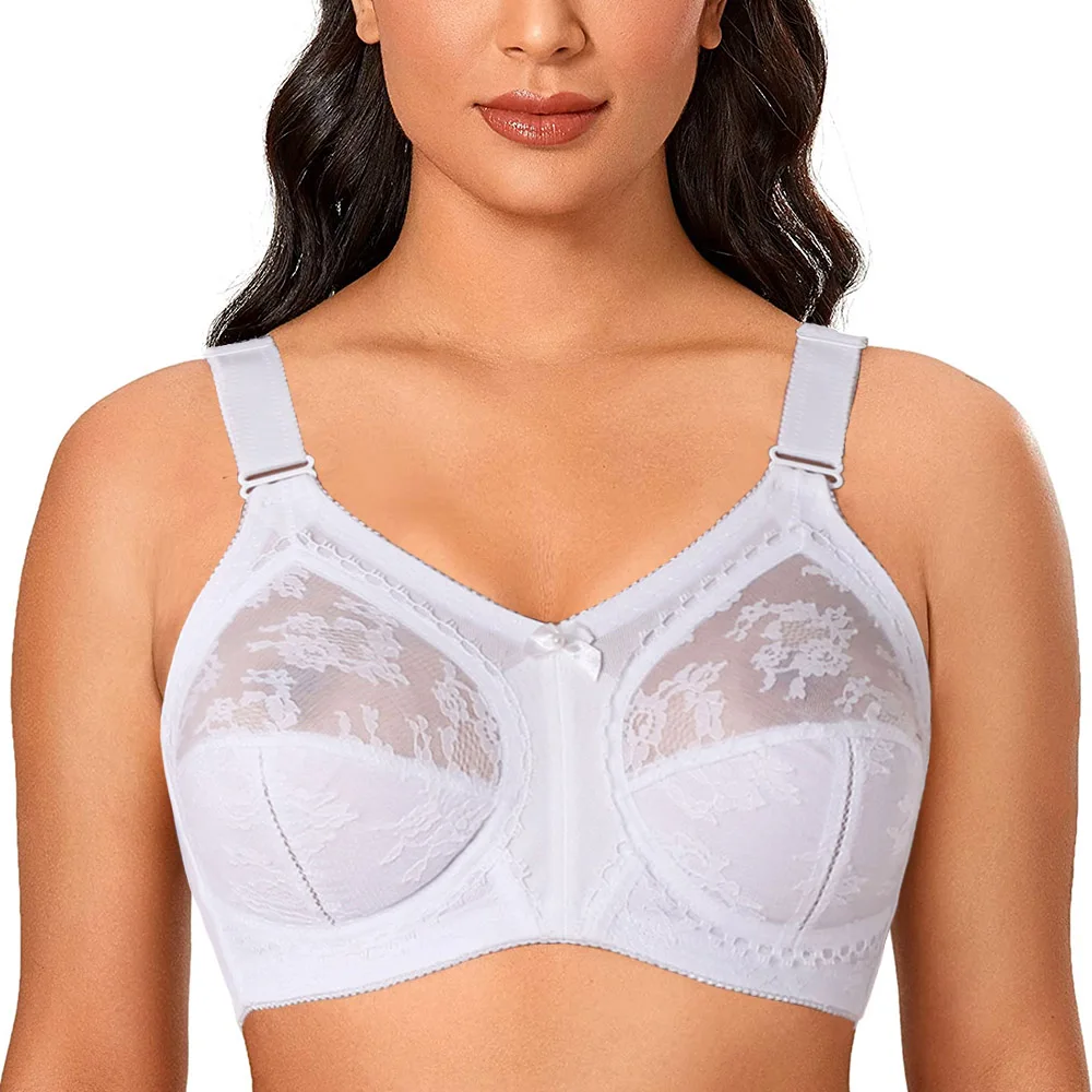 Plus Size Lace Bra Women Unlined Full Coverage Ultra Thin Wireless Adjusted-straps White Big Minimizer Bras D E F G H I