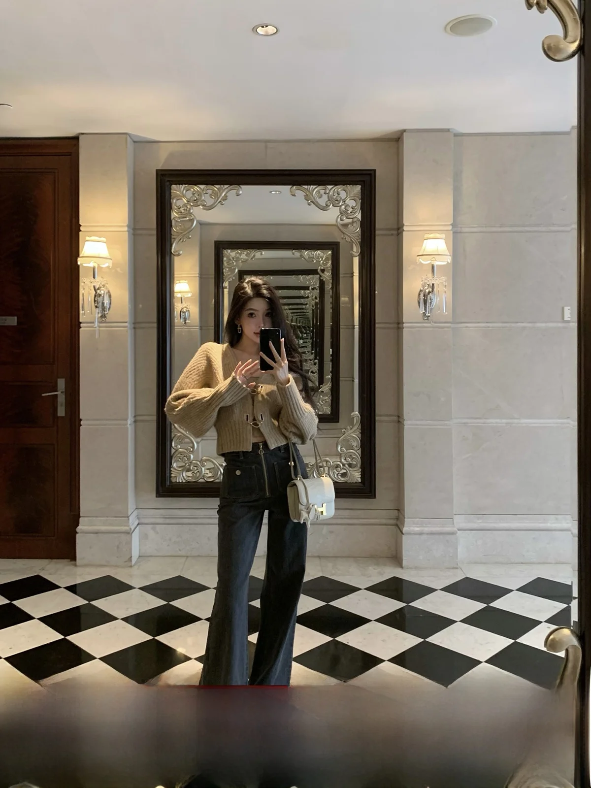 

Модные расклешенные джинсы, женские длинные брюки из бамбукового волокна с дизайном спереди, повседневные широкие джинсы с высокой талией