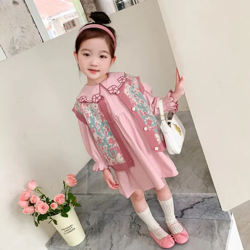 2023 autumn baby girls knitted floral vest dress 2 PCs children's clothing sets Princess cosplay kids clothes outfits 2-8 Y