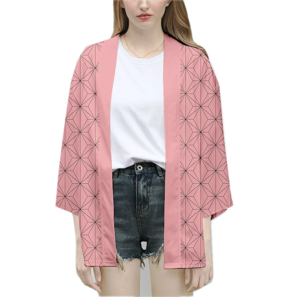 Anime Character Kamade Zezeko Pink Women's Kimono Cardigan Summer Kamado Tanjirou Green Black Checkered Men Japanese Haori Coat