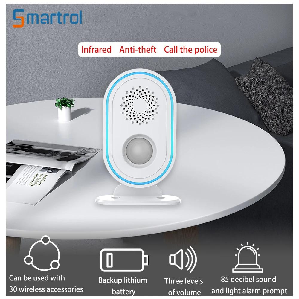 

Smartrol WiFi Home Alarm System Wireless Siren Motion Sensor Infrared PIR Human Detection Tuyasmart Smart Life APP 433MHz Strobe